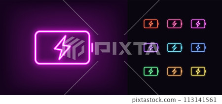 Outline neon battery icon set. Glowing neon electric battery with lightning sign. Charging accumulator, electric energy and fuel, fast charge effect, recharge, smart battery charging. Vector icon set Outline neon battery icon set. Glowing neon electric battery with lightning sign. Charging accumulator, electric energy and fuel, fast charge effect, recharge, smart battery charging. Vector icon set 113141561