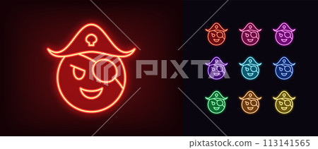 Outline neon pirate emoji icon set. Glowing neon corsair emoticon with hat and patch on eye. Cute pirate face with laugh, funny corsair emoji and captain with smile, adventure and piracy. Vector icons Outline neon pirate emoji icon set. Glowing neon corsair emoticon with hat and patch on eye. Cute pirate face with laugh, funny corsair emoji and captain with smile, adventure and piracy. Vector icons 113141565