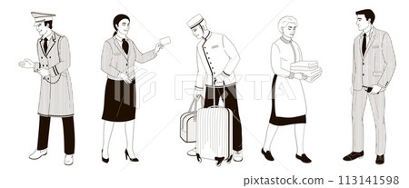 hotel staff  African American male and female characters part 1, doorman, concierge, porter, maid, security. Black and white outline vector illustration 113141598