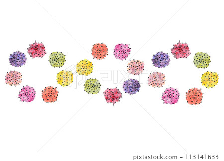 Illustration of three wreaths of large carnations in seven colors drawn with water-based pens and transparent watercolors. 113141633