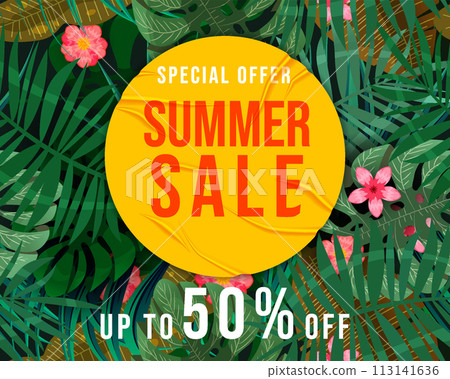 Summer Sale Template background tropical plants, flowers and leaves 113141636