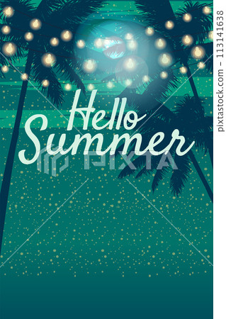 Hello Summer Party Time Template Design Night Beach Palms Party Poster, Flyer 113141638