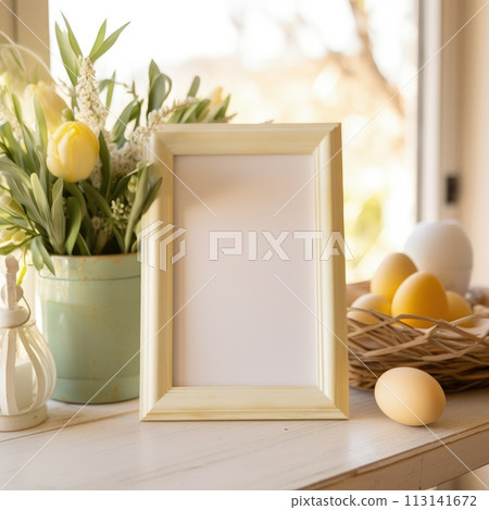 Celebrate easter joy: a delightful mockup with copy space frame, capturing essence of springtime festivities and renewal of hope in stylish and festive design for cards, displays, creative projects. 113141672