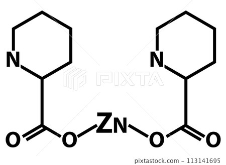 Zinc picolinate molecular chemical formula icon. Zinc infographics sign. Chemical structure of Zinc picolinate (C12H8N2O4Zn) symbol. flat style. 113141695
