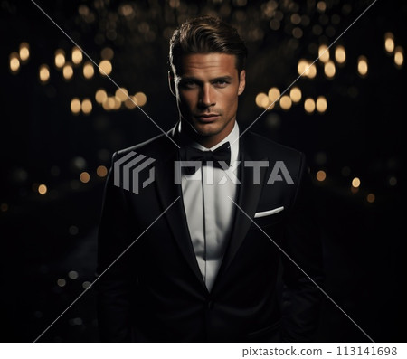 Timeless elegance: men in tuxedos showcase refined style, sophistication, and classic charm, embodying the epitome of formal fashion for special events, celebrations, and black-tie occasions. 113141698