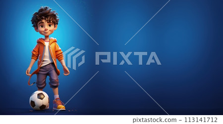 Cartoon character in style, banner copy space background, Cute animated figure standing with a ball playing a sports game soccer football . 113141712