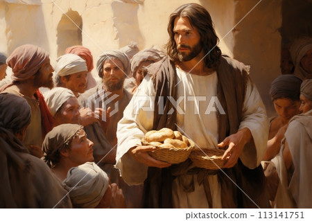 Jesus Christ fed bread to the poor , bible religion, gospels, ancient scriptures history, Jesus hands giving bread to poor , biblical story to feed hungry, charity. 113141751