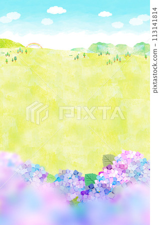 Landscape with hydrangea field and fields Background material 113141814