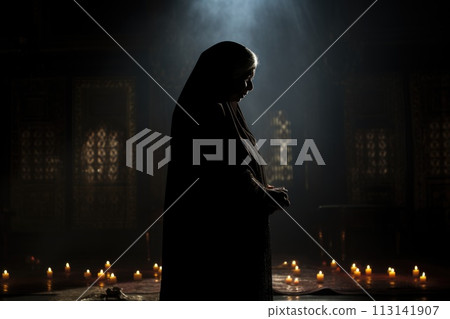 Religious concept, person prays to god, nun, faith bible, church. member of religious community of laurel monastery, penance 113141907