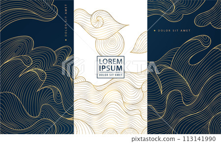 Vector set of luxury labels, wave tags in line japanese style. Elegant fancy banners, package for wine, soap, cosmetics. Golden on black covers, shapes, posters 113141990
