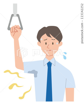 Illustration of a businessman concerned about sweat stains and odor in his armpits 113142252