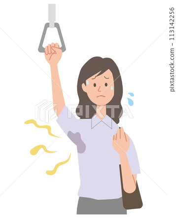 Illustration of a business woman concerned about sweat stains and odor in her armpits 113142256