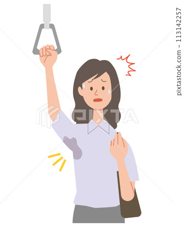 Illustration of a businesswoman noticing sweat stains under her arms 113142257