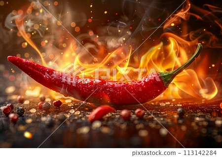 Red and hot chili pepper in flames on black background ,AI generated Red and hot chili pepper in flames on black background ,AI generated 113142284