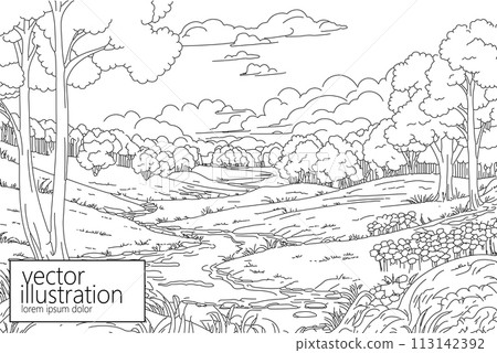 Forest with river line simple drawing background. Minimal outline art symbol hand drawn sketch. Isolated vector illustration Forest with river line simple drawing background. Minimal outline art symbol hand drawn sketch. Isolated vector illustration 113142392