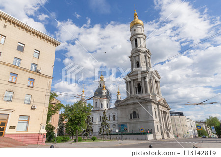 [Ukraine] Exterior view of the Assumption Cathedral in Kharkiv city and blue sky with clouds 113142819