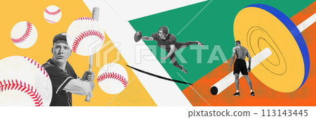 Banner. Contemporary art collage. American football, baseball, weightlifting. Three athletic man in monochrome filter training against colorful drawn background. Banner. Contemporary art collage. American football, baseball, weightlifting. Three athletic man in monochrome filter training against colorful drawn background. 113143445