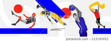 Banner. Contemporary art collage. Soccer, American football, basketball and runner in motion in monochrome with colorful highlights. 113143452