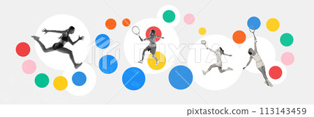Banner. Contemporary art collage. Strength and power. Athletic people, joggers and tennis players training surrounded colorful circles. 113143459