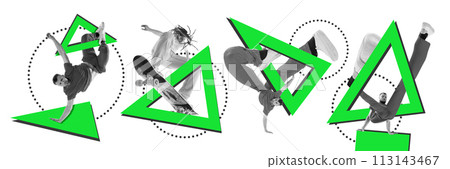 Banner. Contemporary art collage. Young men, break-dancer and skateboarder jumping, dancing, over geometry shapes. Monochrome. Banner. Contemporary art collage. Young men, break-dancer and skateboarder jumping, dancing, over geometry shapes. Monochrome. 113143467