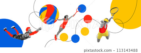 Banner. Contemporary art collage. Tennis and volleyball. Sportsman in motion training with abstract drawn geometric shapes. 113143488