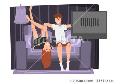 Couple Sitting on Cozy Couch and Watching TV, Smiling Young Man and Woman Spending Time Together at Home Vector Illustration Couple Sitting on Cozy Couch and Watching TV, Smiling Young Man and Woman Spending Time Together at Home Vector Illustration 113143530