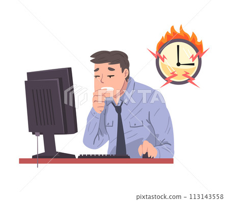 Stressed Office Worker Working Overtime at Deadline, Overworked Businessman Sitting at Workplace in Office Vector Illustration 113143558