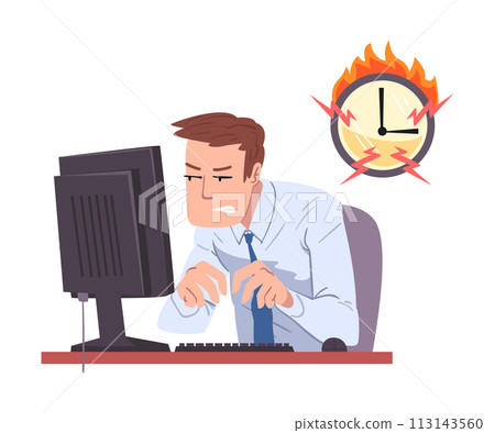 Businessman Working Overtime at Deadline, Overloaded Male Office Worker Sitting at Workplace in Office Vector Illustration 113143560