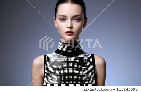 Brunette model girl stands on a black and white background, beautiful woman Brunette model girl stands on a black and white background, beautiful woman 113143596