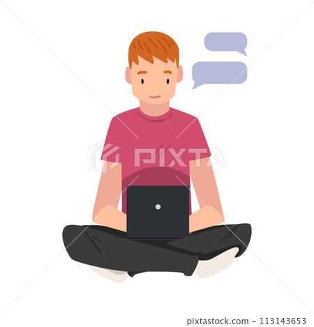 Guy hatting Via Internet Using Smartphone, Teenager Sitting on the Floor with Crossed Legs and Using Digital Gadget Vector Illustration Guy hatting Via Internet Using Smartphone, Teenager Sitting on the Floor with Crossed Legs and Using Digital Gadget Vector Illustration 113143653