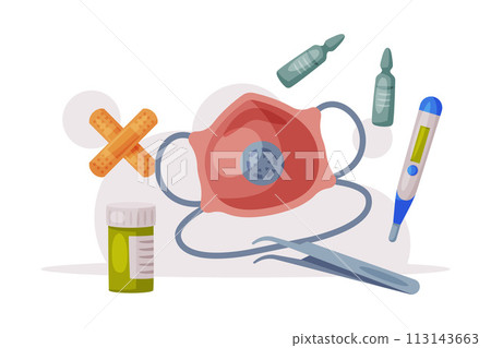 Medications and Medical Supplies for Health Treatment, First Aid Kit Equipment Flat Vector Illustration Medications and Medical Supplies for Health Treatment, First Aid Kit Equipment Flat Vector Illustration 113143663