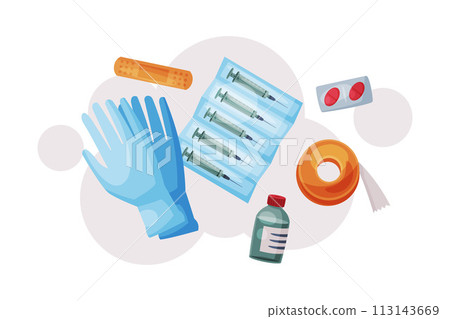 Medical Equipment and Medications, First Aid Kit Box or Emergency Service Medication Supplies for Health Treatment and Protection Flat Vector Illustration 113143669