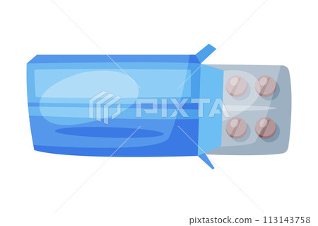 Blister Pack of Tablets in Cardboard Box, Medicine Pills, First Medical Aid Kit Element Vector Illustration on White Background 113143758
