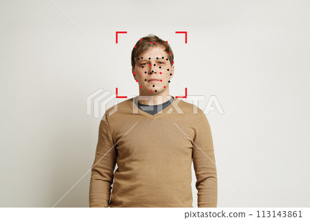Facial recognition of casual man. Person with technology biometric security system Facial recognition of casual man. Person with technology biometric security system 113143861