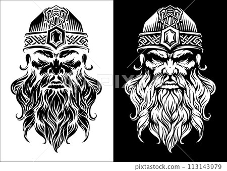 Viking Warrior Man Strong Mascot Face in Helmet Viking Warrior Man Strong Mascot Face in Helmet 113143979