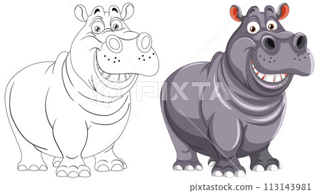 Cheerful Cartoon Hippo Duo Illustration Cheerful Cartoon Hippo Duo Illustration 113143981