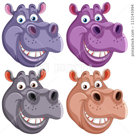 Colorful Cartoon Hippopotamus Faces 113143994