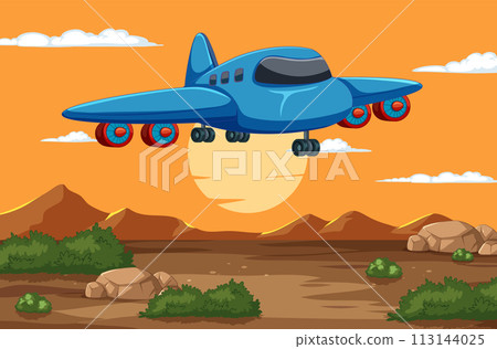 Cartoon Airplane Flying at Sunset 113144025
