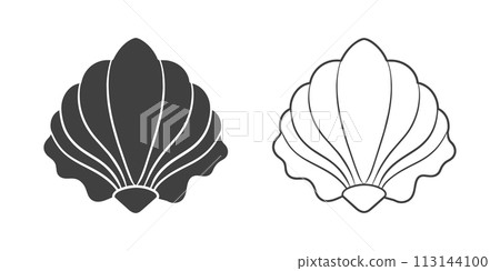 Scallop seashell logo. Isolated silhouette and contour drawing of a scallop on a white background. Vector 113144100