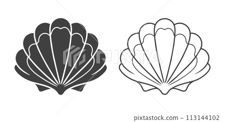 Scallop seashell logo. Isolated silhouette and contour drawing of a scallop on a white background. Vector Scallop seashell logo. Isolated silhouette and contour drawing of a scallop on a white background. Vector 113144102