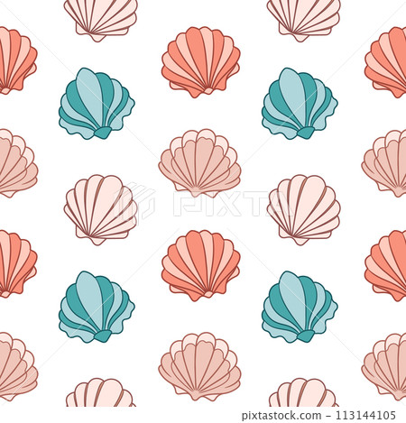 Seamless pattern from seashells. Seashells in pastel colors on a white background. Vector Seamless pattern from seashells. Seashells in pastel colors on a white background. Vector 113144105