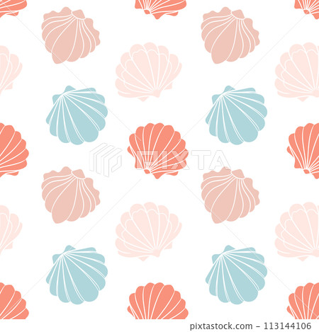 Seamless pattern from seashells. Seashells in pastel colors on a white background. Vector Seamless pattern from seashells. Seashells in pastel colors on a white background. Vector 113144106