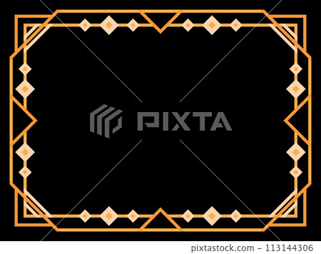 Art deco frame. Vintage linear border. Geometric frame in gold color in line art style with space for text. Design a template for invitation, leaflet and greeting card. Vector illustration Art deco frame. Vintage linear border. Geometric frame in gold color in line art style with space for text. Design a template for invitation, leaflet and greeting card. Vector illustration 113144306
