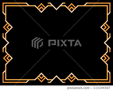 Art deco frame. Vintage linear border. Geometric frame in gold color in line art style with space for text. Design a template for invitation, leaflet and greeting card. Vector illustration Art deco frame. Vintage linear border. Geometric frame in gold color in line art style with space for text. Design a template for invitation, leaflet and greeting card. Vector illustration 113144307