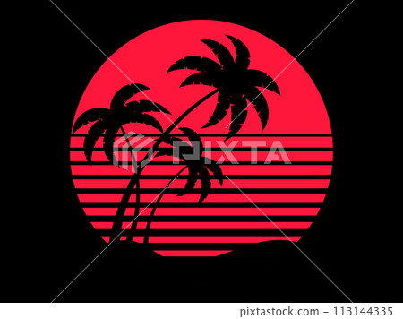 Tropical palm trees at sunset in a futuristic 80s style. Summer time, silhouettes of palm trees in synthwave and retrowave style. Design of advertising booklets and banners. Vector illustration Tropical palm trees at sunset in a futuristic 80s style. Summer time, silhouettes of palm trees in synthwave and retrowave style. Design of advertising booklets and banners. Vector illustration 113144335