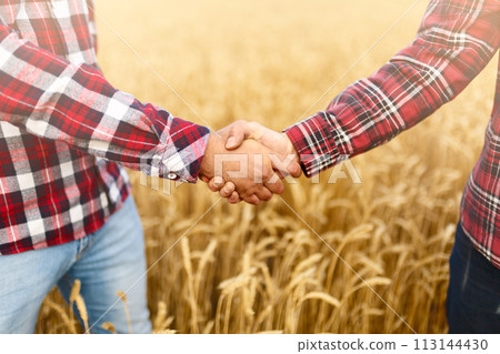 People shaking hands in a wheat field, farmer's agreement. Agriculture agronomist business contract concept People shaking hands in a wheat field, farmer's agreement. Agriculture agronomist business contract concept 113144430