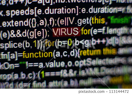 Macro photo of computer screen with program source code and highlighted VIRUS inscription in the middle. Script on the screen with virus in it. Cyber security concept. Technology background. Macro photo of computer screen with program source code and highlighted VIRUS inscription in the middle. Script on the screen with virus in it. Cyber security concept. Technology background. 113144472