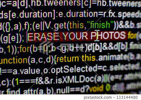 Macro photo of computer screen with program source code and highlighted SPYWARE inscription in the middle. Script on the screen with virus in it. Cyber security concept. Technology background. Macro photo of computer screen with program source code and highlighted SPYWARE inscription in the middle. Script on the screen with virus in it. Cyber security concept. Technology background. 113144480