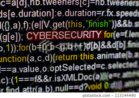 Macro photo of computer screen with program source code and highlighted CYBERSECURITY inscription in the middle. Script on the screen with virus in it. Cyber security concept. Technology background. Macro photo of computer screen with program source code and highlighted CYBERSECURITY inscription in the middle. Script on the screen with virus in it. Cyber security concept. Technology background. 113144490