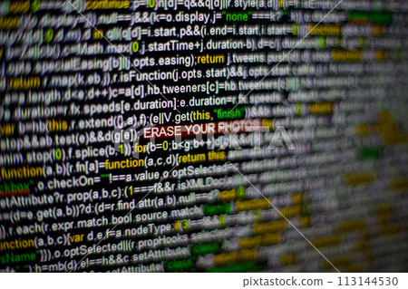 Macro photo of computer screen with program source code and highlighted ERASE YOUR PHOTOS inscription in the middle. Script on the screen with virus in it. Cyber security concept. Technology 113144530